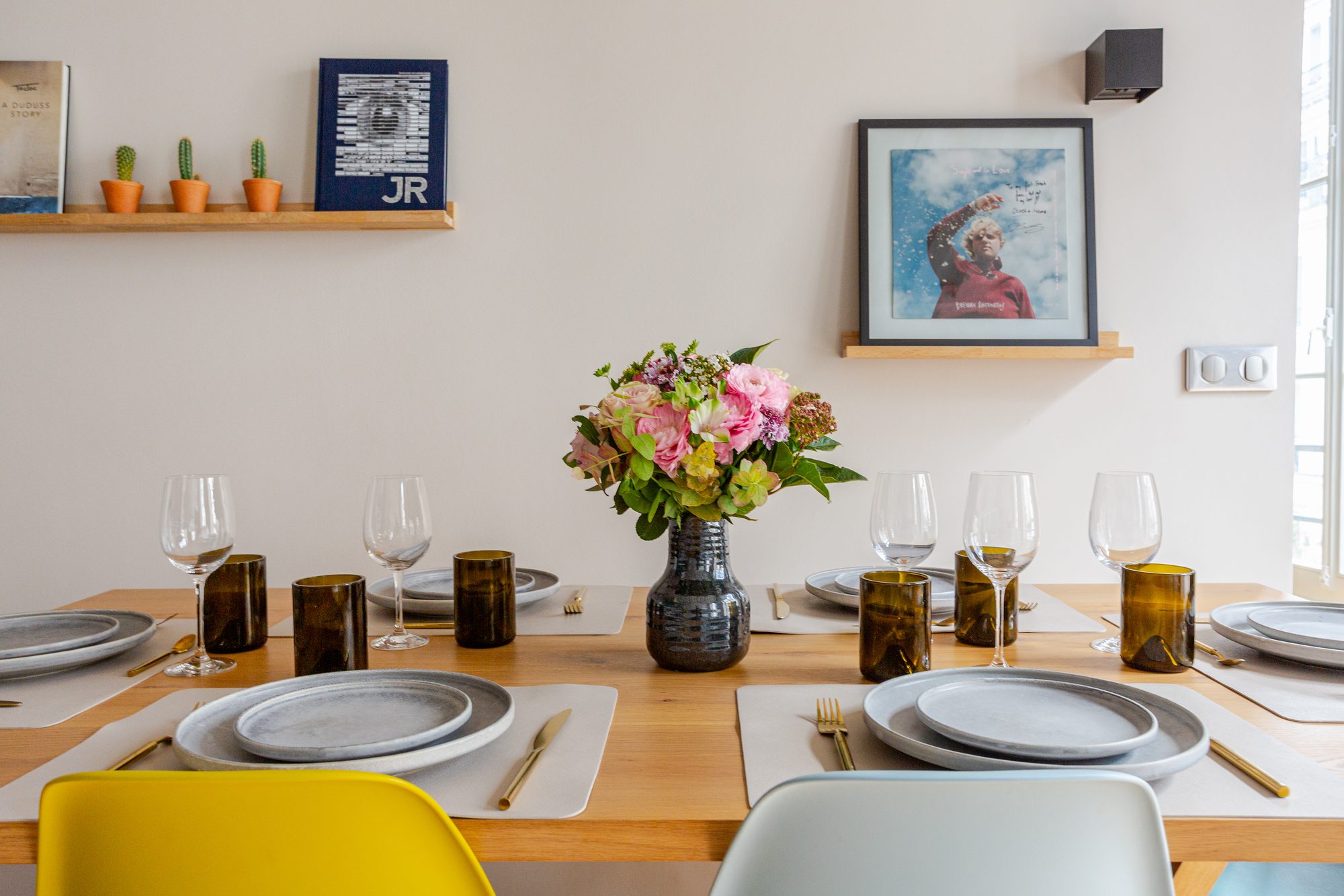 The dining table, set for dinner
