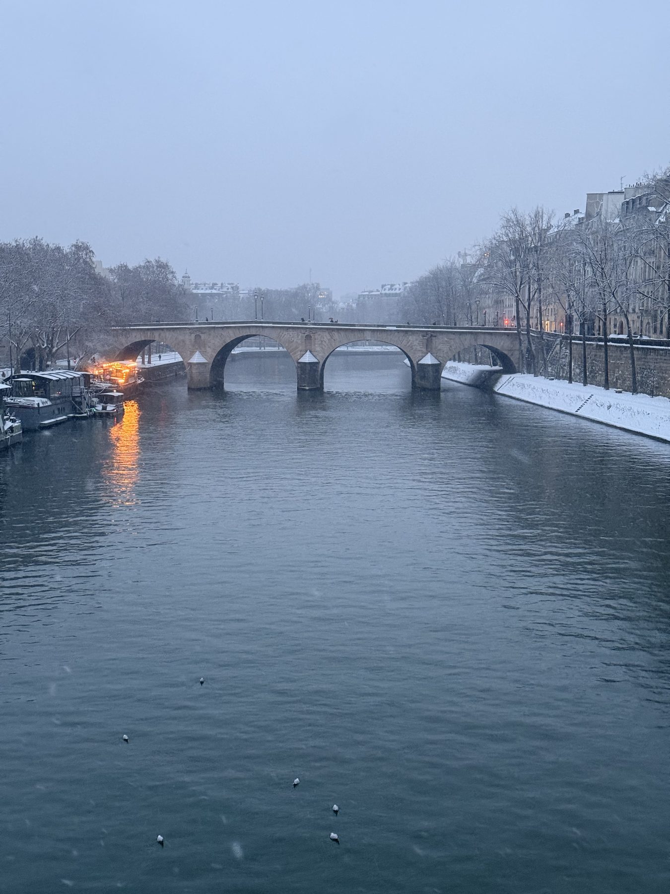 The Seine and a stone bridge under falling snow